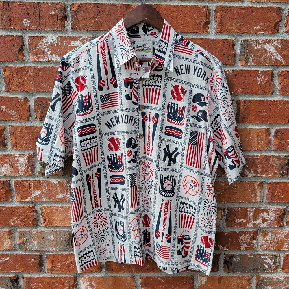 Reyn Spooner New York Yankees Shirt Mens Small White MLB Aloha All Over Print